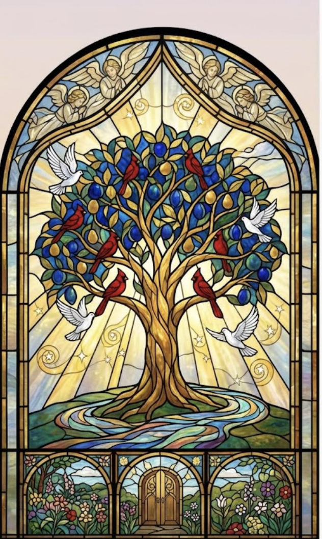 Stained glass tree of life with angels, cardinals, doves, and a sanctuary door